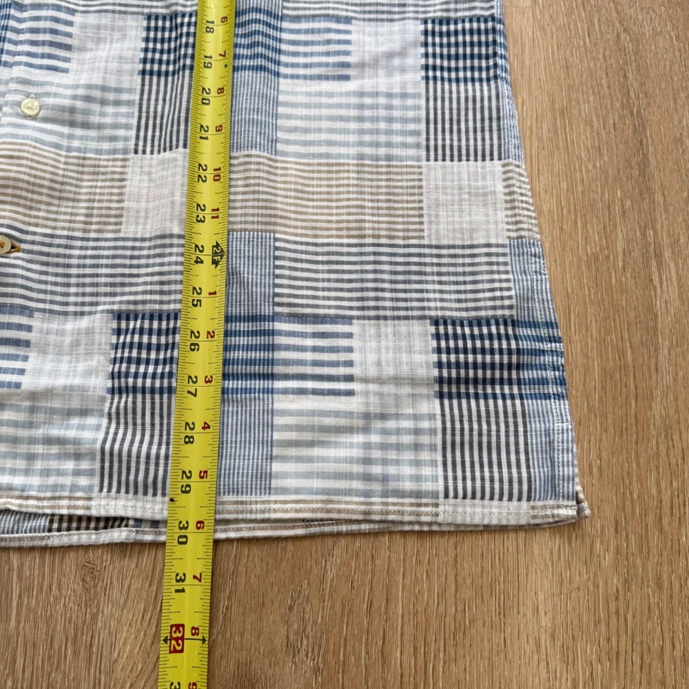 Barbour Oakshore Summer Shirt Mens L Sky Blue Tan Patchwork Plaid 100% Cotton - Picture 9 of 10